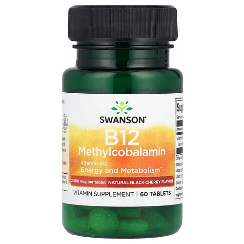 Swanson Vitamins, Vitamina B12 y metilcobalamina, Cereza negra natural, 2500 mcg, 60 comprimidos