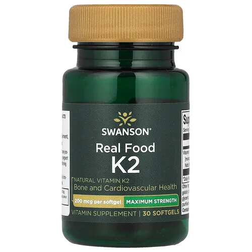 Swanson Vitamins, Real Food, Vitamina K2, Máxima concentración, 200 mcg, 30 cápsulas blandas