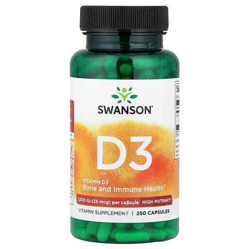 Swanson Vitamins, Vitamina D3, Alta potencia, 25 mcg (1000 UI), 250 cápsulas