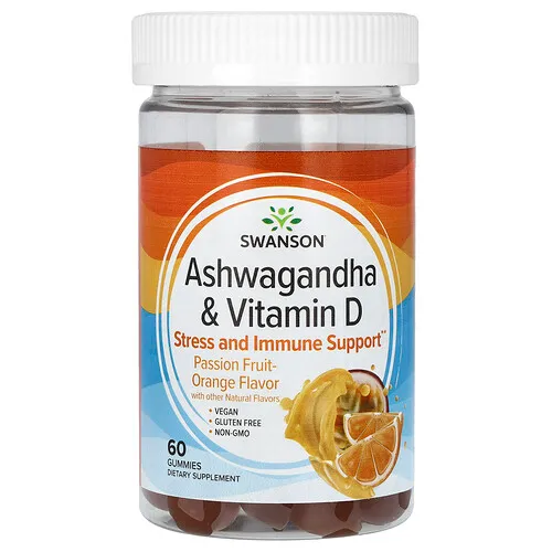 Swanson Vitamins, Ashwagandha y vitamina D, Maracuyá y naranja, 60 gomitas