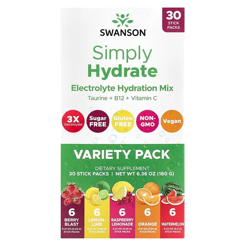Swanson Vitamins, Simplemente hidratante, Mezcla de hidratación con electrolitos, Paquete surtido, 30 sobrecitos, 180 g (6,36 oz)