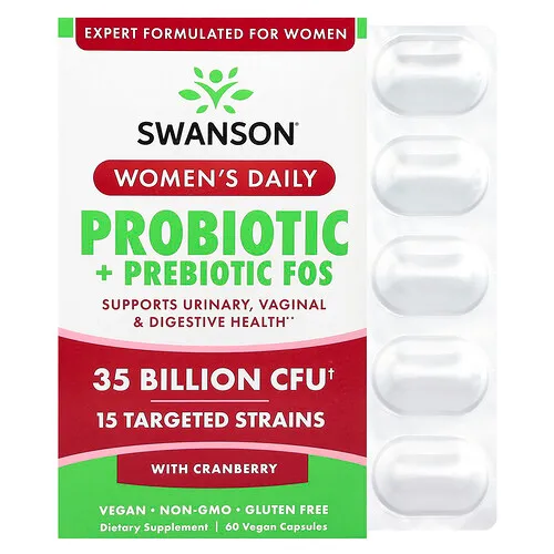 Swanson Vitamins, FOS con probióticos y prebióticos de uso diario para mujeres con arándano rojo, 35.000 millones de UFC, 60 cápsulas veganas