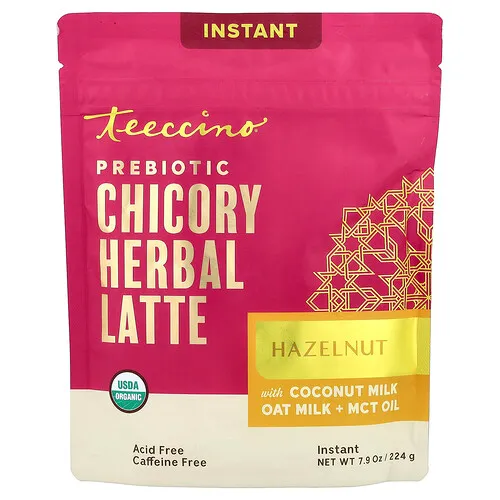 Teeccino, Latte instantáneo de hierbas con prebiótico y achicoria, Avellana, Sin cafeína, 224 g (7,9 oz)