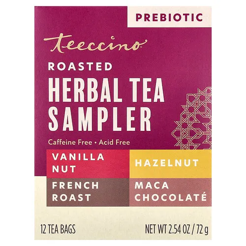 Teeccino, Muestra de té de hierbas tostadas con prebióticos, 4 sabores, Sin cafeína, 12 bolsitas de té, 72 g (2,54 oz)