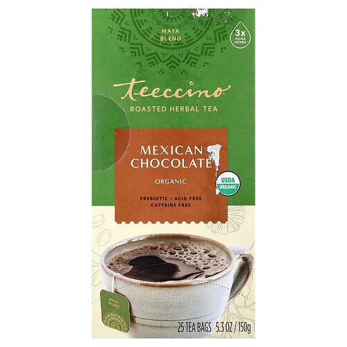Teeccino, Té de hierbas orgánicas tostadas, Chocolate mexicano, Sin cafeína, 25 bolsitas de té, 150 g (5,3 oz)