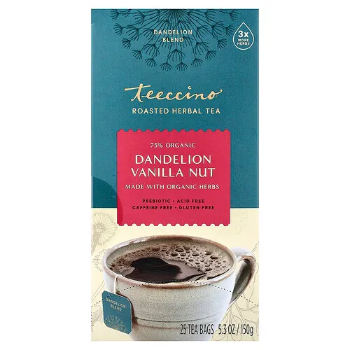 Teeccino, Té de hierbas tostadas, Diente de león y vainilla, Sin cafeína, 25 bolsitas de té, 150 g (5,3 oz)