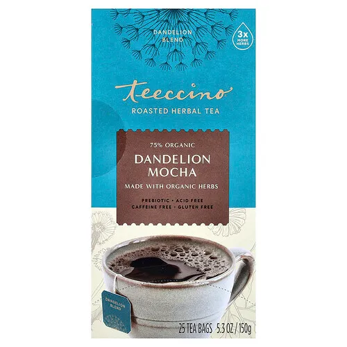 Teeccino, Té de hierbas tostadas, Diente de león y moca, Sin cafeína, 25 bolsitas de té, 150 g (5,3 oz)