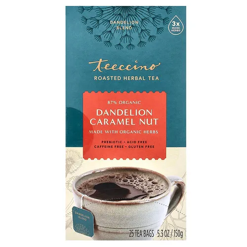 Teeccino, Café de hierbas tostadas, fruto seco, diente de león y caramelo, sin cafeína, 25 saquitos de té, 5,3 oz (150 g)
