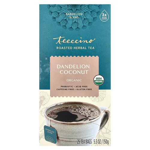 Teeccino, Té de hierbas orgánicas tostadas, Diente de león y coco, Sin cafeína, 25 bolsitas de té, 150 g (5,3 oz)