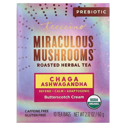 Teeccino, Miraculous Mushrooms™, Té de hierbas tostado, Crema de caramelo, Sin cafeína, 10 bolsitas de té, 60 g (2,12 oz)