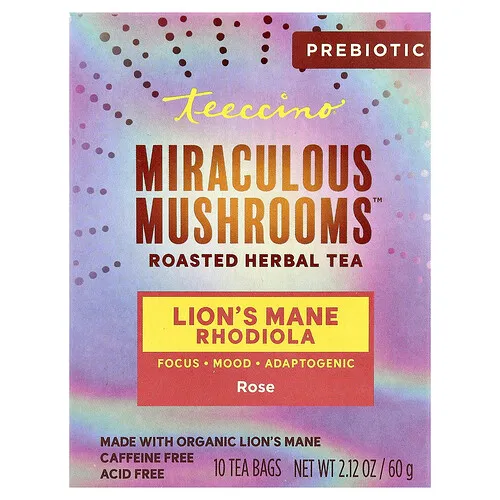 Teeccino, Miraculous Mushrooms™, Té de hierbas tostadas, Rodiola melena de león y rosa, Sin cafeína, 10 bolsitas de té, 60 g (2,12 oz)