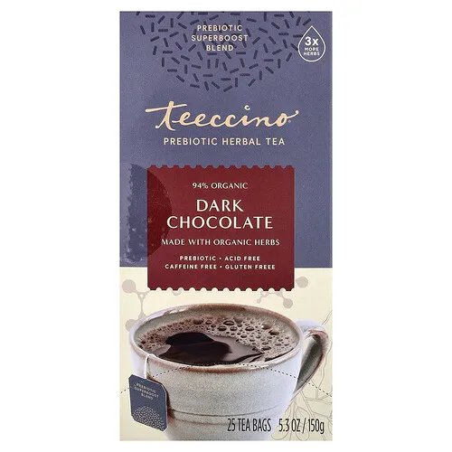 Teeccino, Té de hierbas prebióticas, Chocolate negro, Sin cafeína`` 25 bolsitas de té, 150 g (5,3 oz)