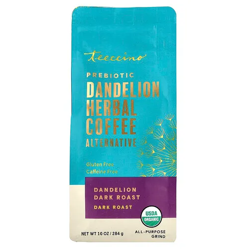 Teeccino, Alternativa a base de hierbas y café con prebióticos de diente de león, Diente de león, Tostado oscuro, Sin cafeína, 284 g (10 oz)