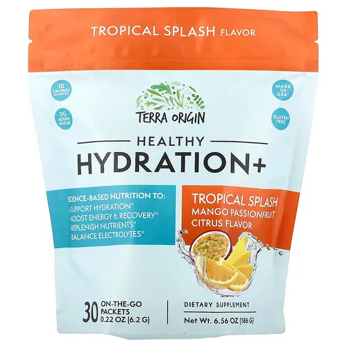 Terra Origin, Hidratación saludable+, Salpicadura tropical, 30 sobres para llevar, 6,2 g (0,22 oz) cada uno
