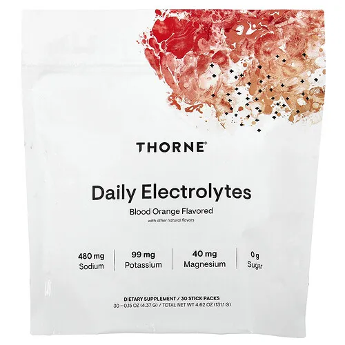 Thorne, Electrolitos diarios, Naranja sanguina, 30 sobres, 4,37 g (0,15 oz) cada uno