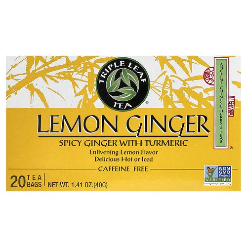 Triple Leaf Tea, Limón y jengibre, Sin cafeína, 20 bolsitas de té, 40 g (1,41 oz)