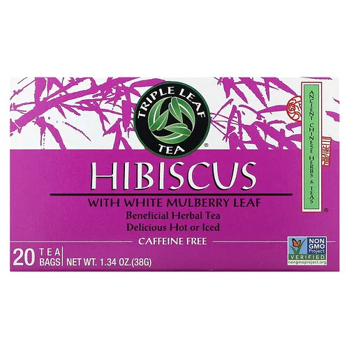 Triple Leaf Tea, Hibisco con hoja de morera blanca, Sin cafeína`` 20 bolsitas de té, 38 g (1,34 oz)