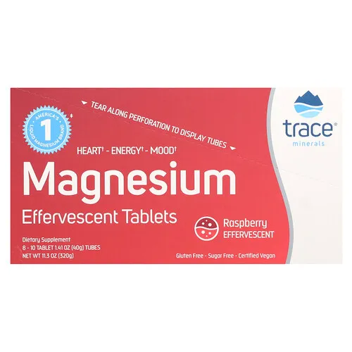 Trace, Comprimidos efervescentes de magnesio, Frambuesa, 8 tubos, 10 comprimidos cada uno