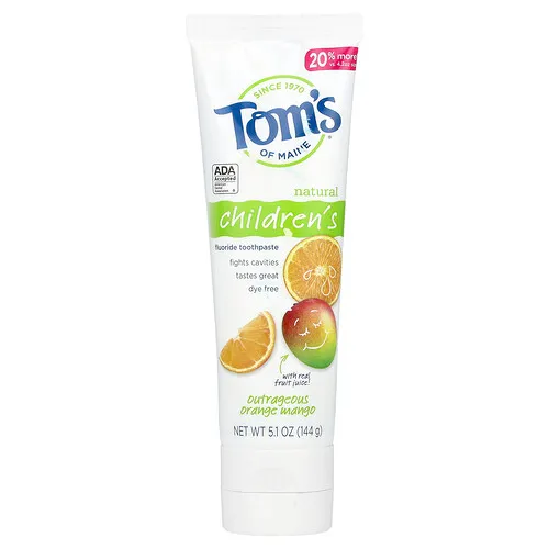 Tom's of Maine, Pasta dental con fluoruro para niños naturales, Extravagante naranja y mango, 144 g (5,1 oz)