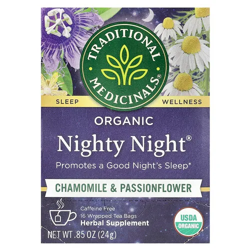 Traditional Medicinals, Nighty Night®, Manzanilla y flor de la pasión orgánicas, Sin cafeína, 16 bolsitas de té en envoltorios, 24 g (0,85 oz)