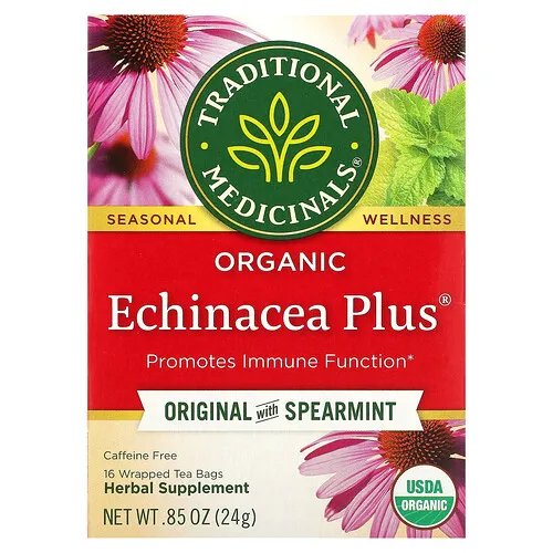 Traditional Medicinals, Organic Echinacea Plus®, Original con hierbabuena, Organic Echinacea Plus®, Sin cafeína, 16 bolsitas de té en envoltorios, 24 g (0,85 oz)