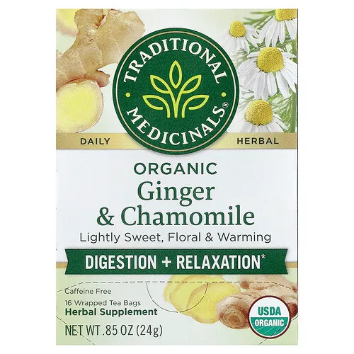 Traditional Medicinals, Jengibre y manzanilla orgánicos, Sin cafeína, 16 bolsitas de té en envoltorios individuales, 24 g (0,85 oz)