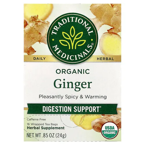 Traditional Medicinals, Jengibre orgánico, Sin cafeína, 16 bolsitas de té envueltas, 24 g (0,85 oz) cada una