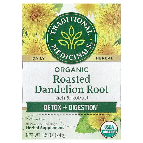 Traditional Medicinals, Té orgánico de raíz de diente de león tostada, Sin cafeína, 16 bolsitas de té envueltas, 24 g (0,85 oz)