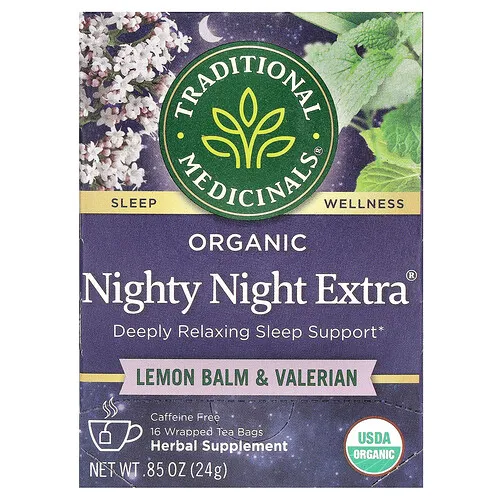 Traditional Medicinals, Nighty Night Extra®, Suplemento de toronjil y valeriana orgánicos, Sin cafeína, 16 bolsitas de té en envoltorio, 24 g (0,85 oz)