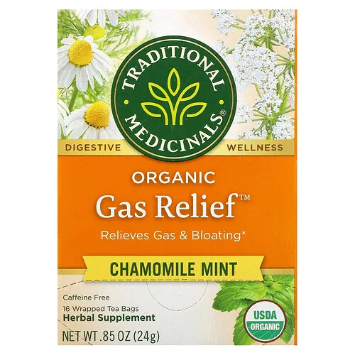 Traditional Medicinals, Organic Gas Relief™, Manzanilla y menta orgánicas, Sin cafeína, 16 bolsitas de té en envoltorios, 24 g (0,85 oz)