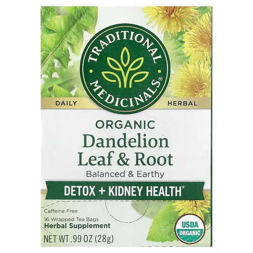 Traditional Medicinals, Té de hoja y raíz de diente de león orgánico, Sin cafeína, 16 bolsitas de té en envoltorios individuales, 28 g (0,99 oz)