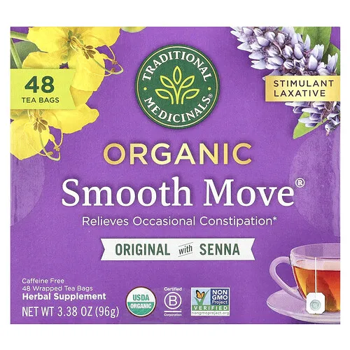 Traditional Medicinals, Smooth Move® orgánico, Original con sen, Sin cafeína, 48 bolsitas de té en envoltorios, 96 g (3,38 oz)