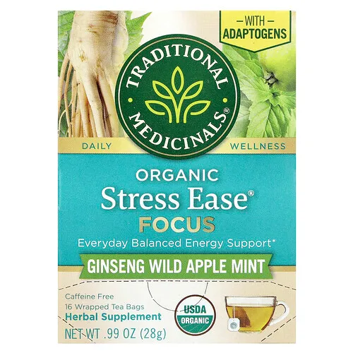 Traditional Medicinals, Stress Ease® Focus orgánico, Ginseng, Manzana silvestre y menta, Sin cafeína, 16 bolsitas de té en envoltorios, 28 g (0,99 oz)