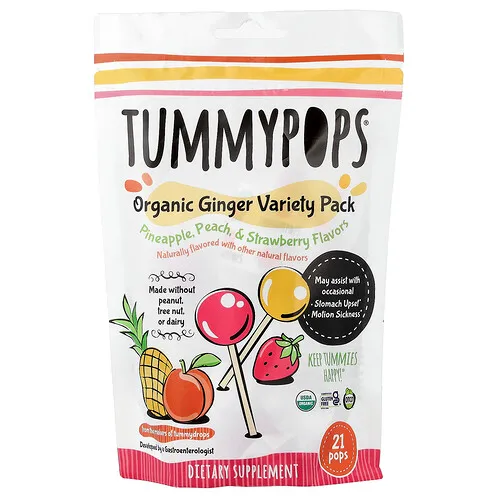 Tummydrops, Tummypops®, Paquete surtido de jengibre orgánico, 21 paletas
