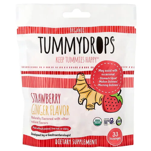 Tummydrops, Gotas de jengibre orgánico, Fresa, 33 pastillas