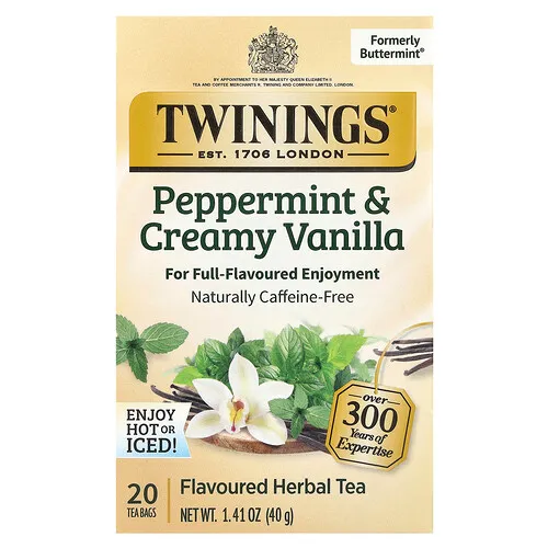 Twinings, Té de hierbas con sabor a menta y vainilla cremosa, Sin cafeína, 20 bolsitas de té, 40 g (1,41 oz)