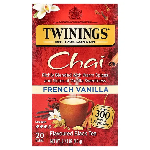 Twinings, Té negro con sabor, Chai, vainilla francesa, 20 bolsitas de té, 40 g (1,41 oz)
