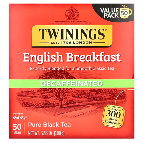 Twinings, Té negro puro, Desayuno inglés, Descafeinado, 50 bolsitas de té, 100 g (3,53 oz)