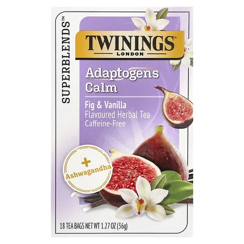 Twinings, Superblends™, Té de hierbas adaptógenos calmantes, Higo y vainilla, Sin cafeína, 18 bolsitas de té, 36 g (1,27 oz)