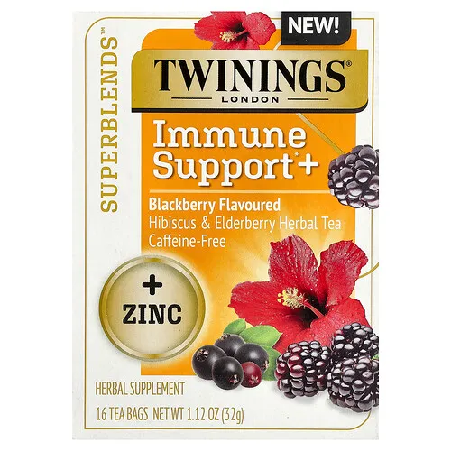 Twinings, Superblends™, Refuerzo inmunitario, Té de hierbas de hibisco y saúco, Zarzamora, Sin cafeína, 16 bolsitas de té, 32 g (1,12 oz)
