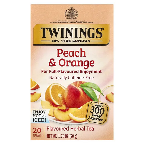Twinings, Té de hierbas saborizado, Melocotón y naranja, Sin cafeína, 20 bolsitas de té, 50 g (1,76 oz)