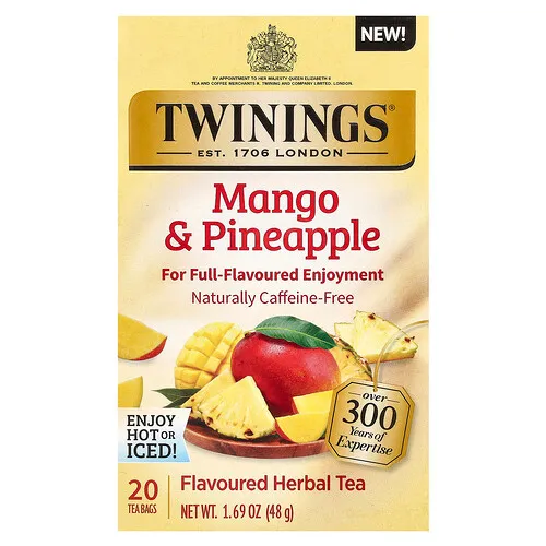 Twinings, Té de hierbas saborizado, Mango y piña, Sin cafeína, 20 bolsitas de té, 48 g (1,69 oz)