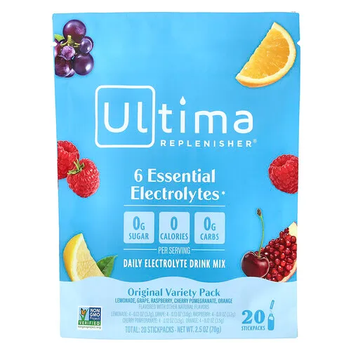 Ultima Replenisher, Suplemento con 6 electrolitos esenciales, Mezcla para preparar bebidas con electrolitos de uso diario, Paquete surtido original, Sobrecitos de 3.2 g cada uno