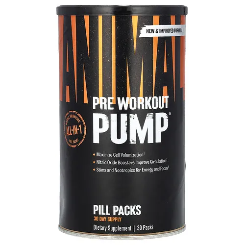 Animal, Pre Workout Pump, Suplemento para favorecer la vascularización preentrenamiento, Paquetes de pastillas, 30 paquetes