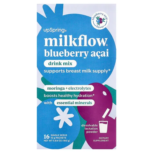 UpSpring, Milkflow®, Mezcla para preparar bebidas, Arándano y asaí, 16 sobres de porción individual, 10 g (0,35 oz) cada uno