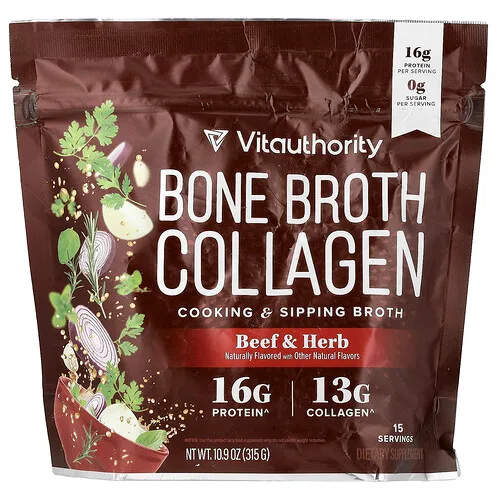 Vitauthority, Bone Broth Collagen, Caldo para cocinar y beber, Carne de res y hierbas, 315 g (10,9 oz)