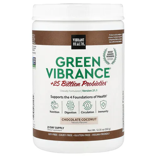 Vibrant Health, Green Vibrance®, Más de 25.000 millones de probióticos, Versión 21.0, Chocolate y coco, 350 g (12,35 oz)