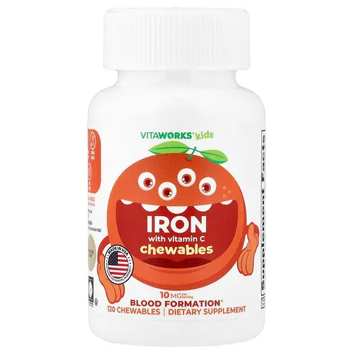 VitaWorks, Comprimidos masticables de hierro con vitamina C para niños, Naranja, 120 comprimidos masticables