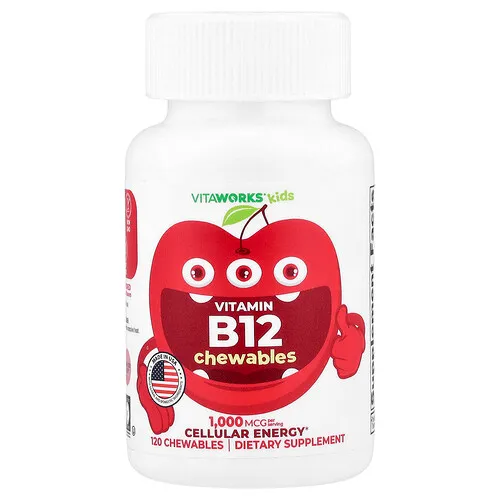 VitaWorks, Niños, Comprimidos masticables de vitamina B12, Cereza, 120 comprimidos masticables (500 mcg por comprimido)