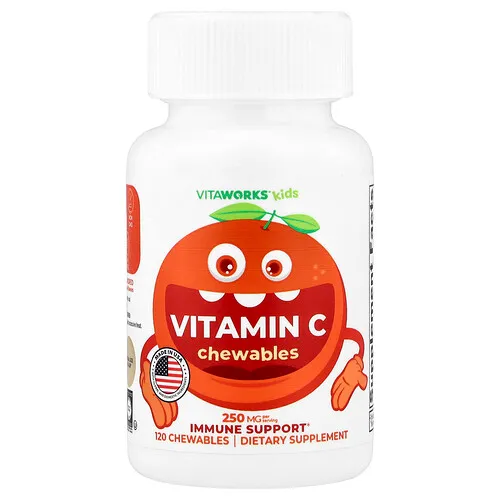 VitaWorks, Niños, Comprimidos masticables de vitamina C, Naranja, 120 comprimidos masticables (125 mg por comprimido)